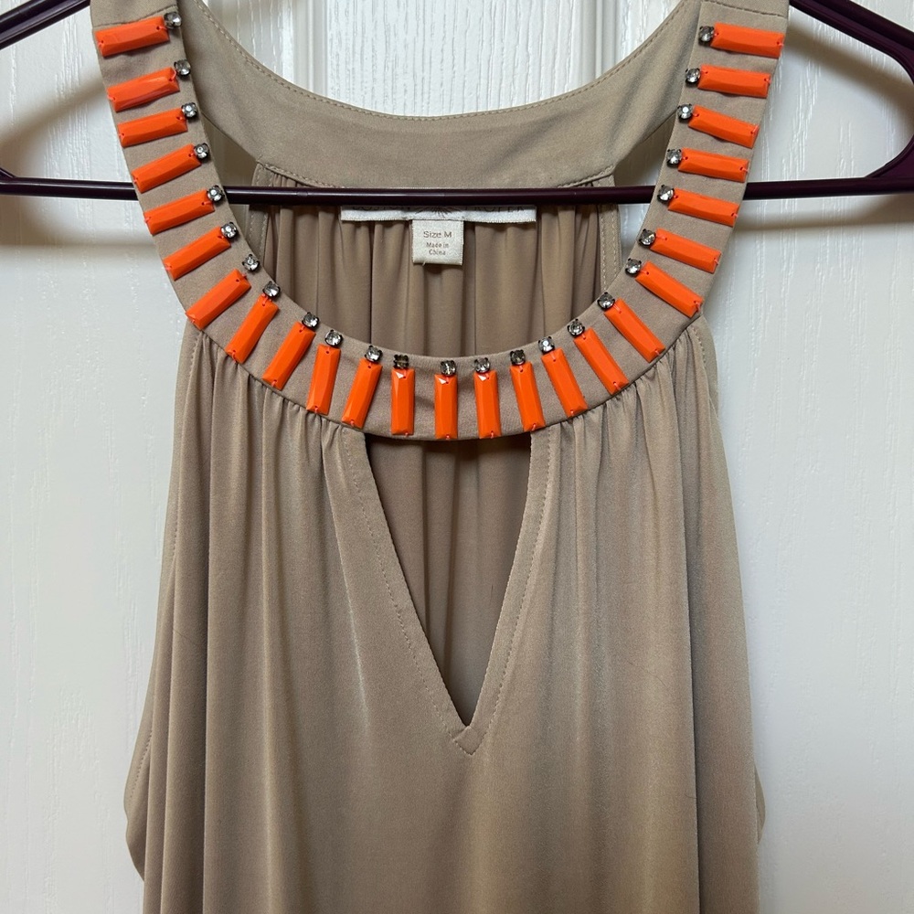 Boston Proper Tan Blouse with beautiful neck embellishments 🧡